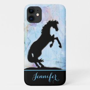 Heart Horses V (painted blue abstract background) iPhone 11 Case