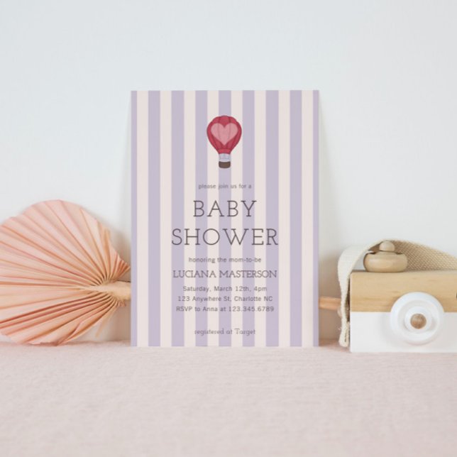 Heart Hot Air Balloon Pastel Purple Baby Shower  Invitation (Creator Uploaded)