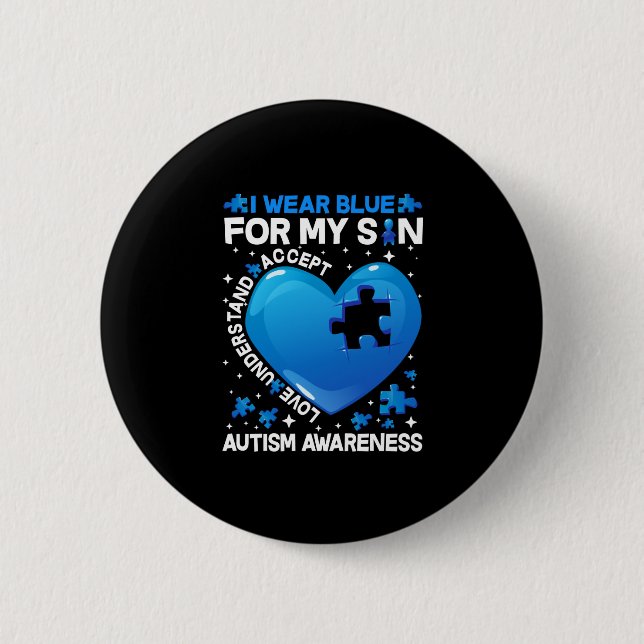 Heart I Wear Blue For My Son Autism Awareness 2 Inch Round Button (Front)