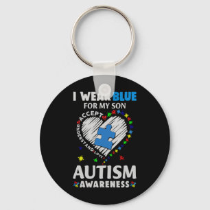 Heart I Wear Blue For My Son Autism Awareness Keychain