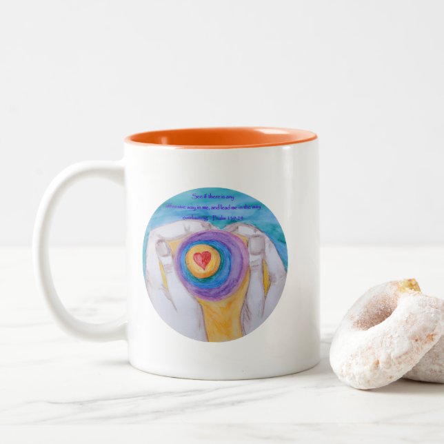 Heart in Hands Cir Ps 139:24, dig signed, titled, Two-Tone Coffee Mug (With Donut)