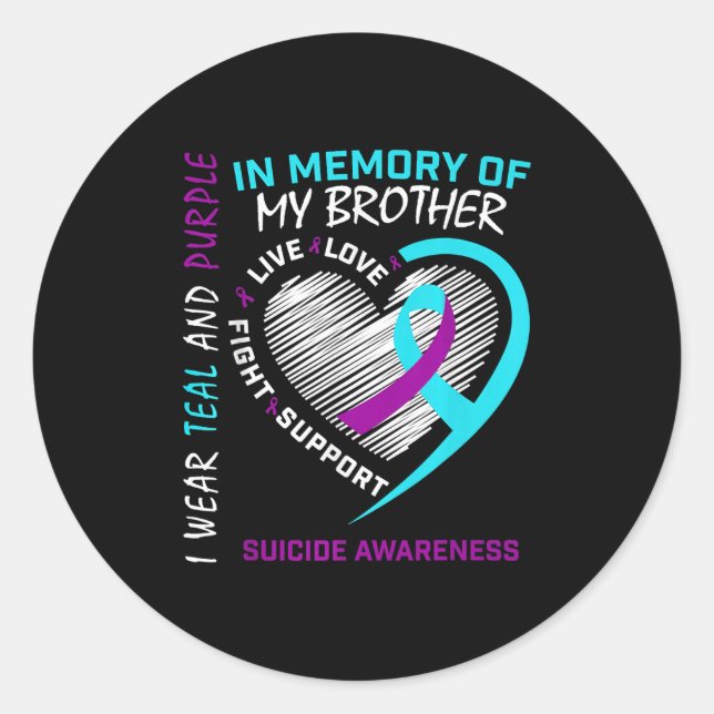 Heart In Memory Of My Brother Suicide Awareness Pr Classic Round Sticker (Front)