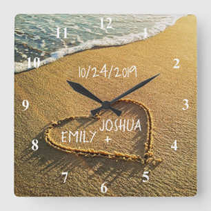 Heart in the Sand Beach Shore Tropical Ocean View Square Wall Clock