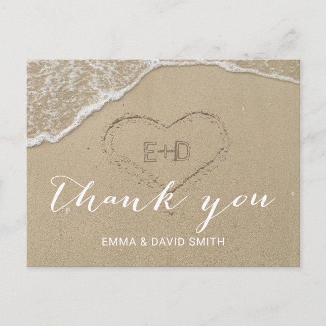 Heart in the Sand Beach Wedding Thank You Postcard (Front)