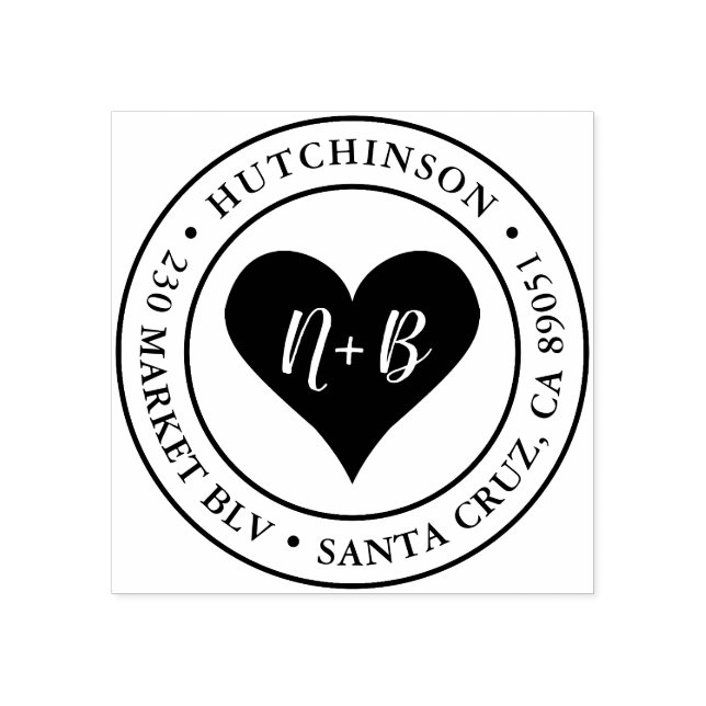 Heart Initials | Round Wedding Return Address Rubber Stamp (Imprint)