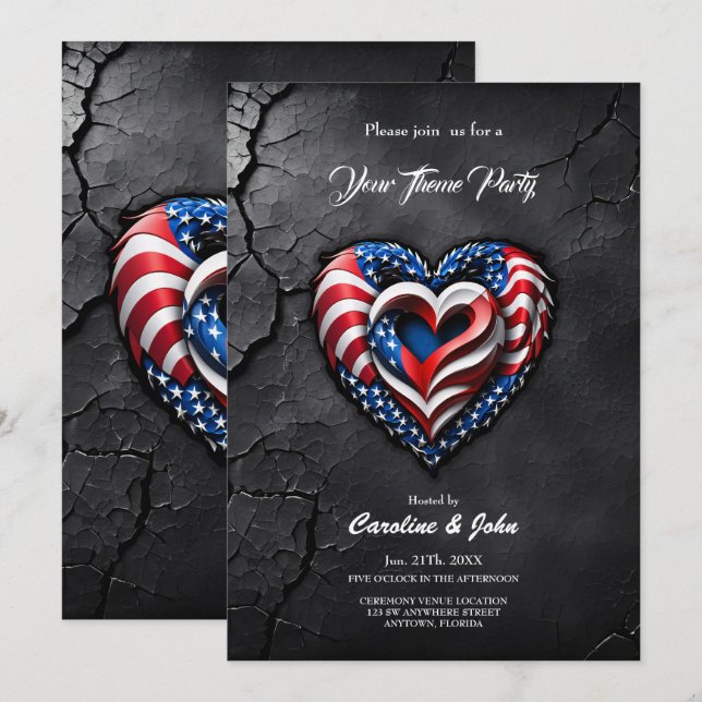 Heart is in the classic colours of the USA flag.  Invitation (Front/Back)