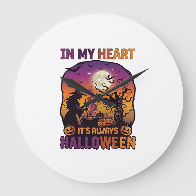 Heart Its Always Halloween Witch Cauldron Tree Moo Large Clock (Front)