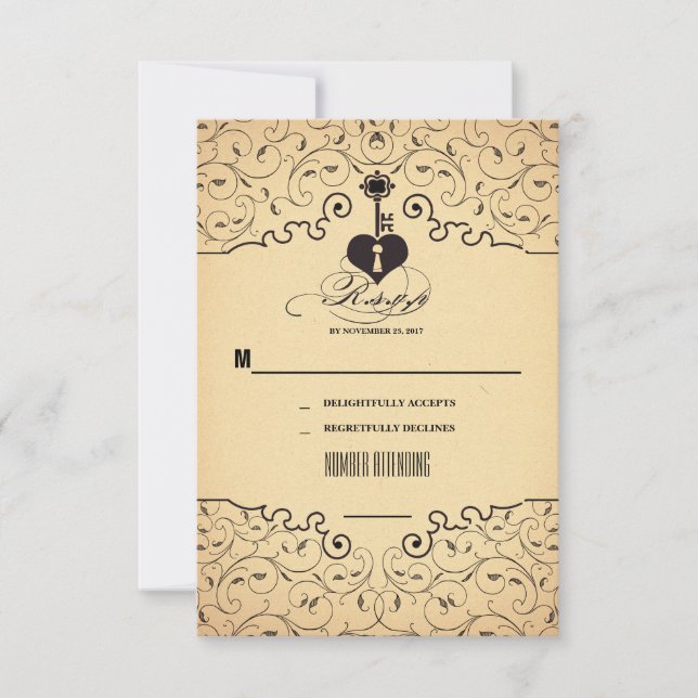 Heart Key Vintage Wedding RSVP cards (Front)