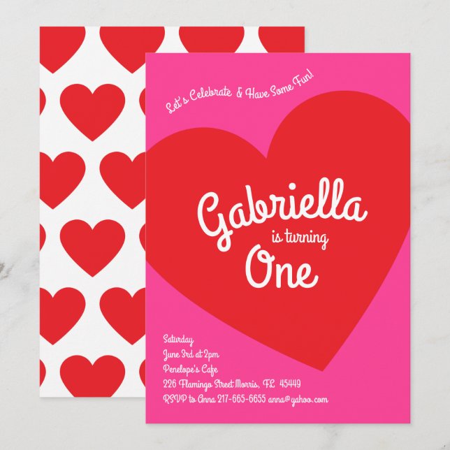 Heart Kids 1st Birthday Party Pink and Red Invitation (Front/Back)