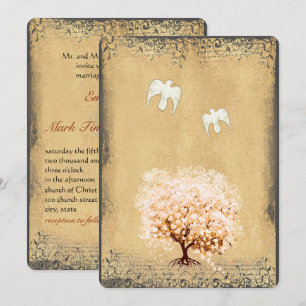 Heart Leaf Coral Tree Dove Love Bird Weddings Invitation