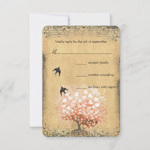 Heart Leaf Coral Tree Love Bird Wedding RSVP Card