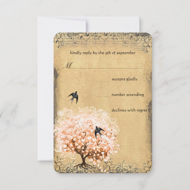 Heart Leaf Coral Tree Love Bird Wedding RSVP Card (Front)