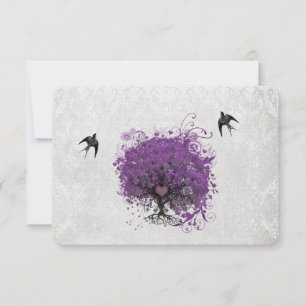 Heart Leaf Eggplant Tree Vintage Birds RSVP Card