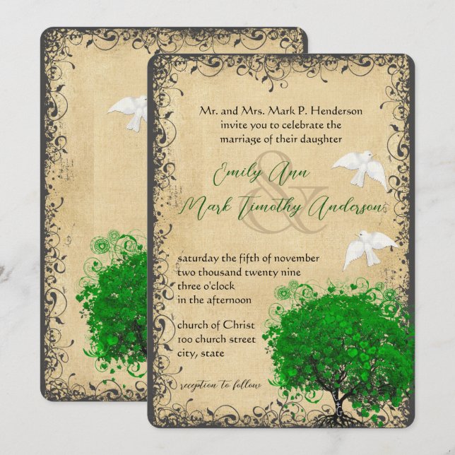 Heart Leaf Emerald Tree Vintage Doves Weddings Invitation (Front/Back)
