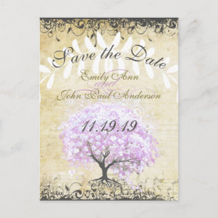 Heart Leaf Lavender Tree Vintage Bird Wedding Announcement Postcard