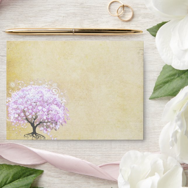 Heart Leaf Lavender Tree Vintage Bird Wedding Envelope (Wedding)