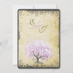 Heart Leaf Lavender Tree Vintage Bird Wedding Invitation