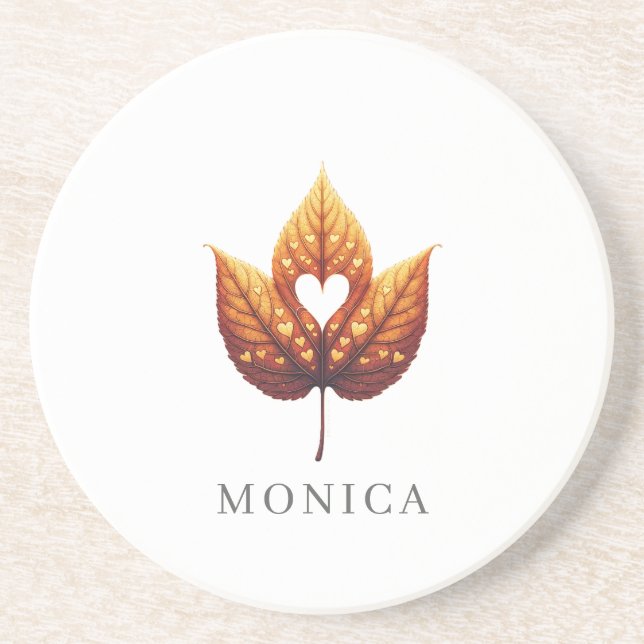 Heart Leaf Minimalist Orange Personalized  Coaster (Front)