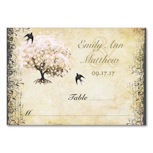 Heart Leaf Pink Tree Vintage Bird Place Card (Front)