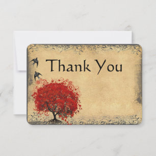 Heart Leaf Red Tree Vintage Bird Wedding Thank You Card