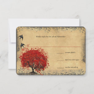Heart Leaf Red Tree Vintage Birds Wedding RSVP