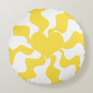 Heart - Lemon Yellow and White Round Pillow