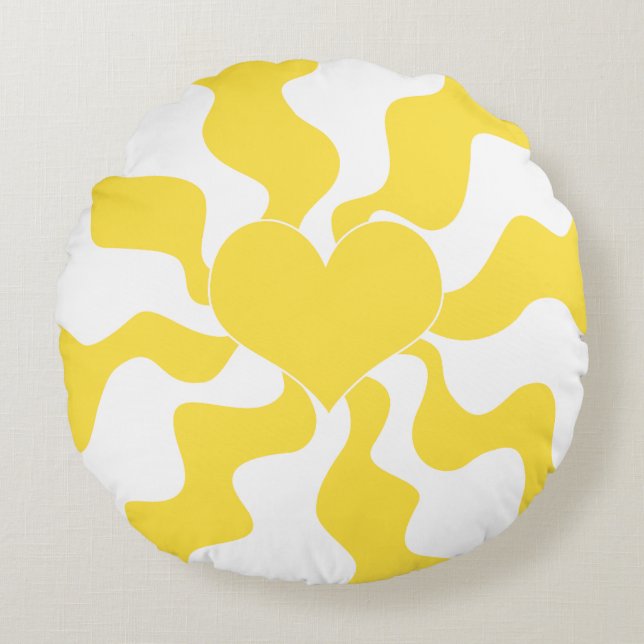 Heart - Lemon Yellow and White Round Pillow (Front)