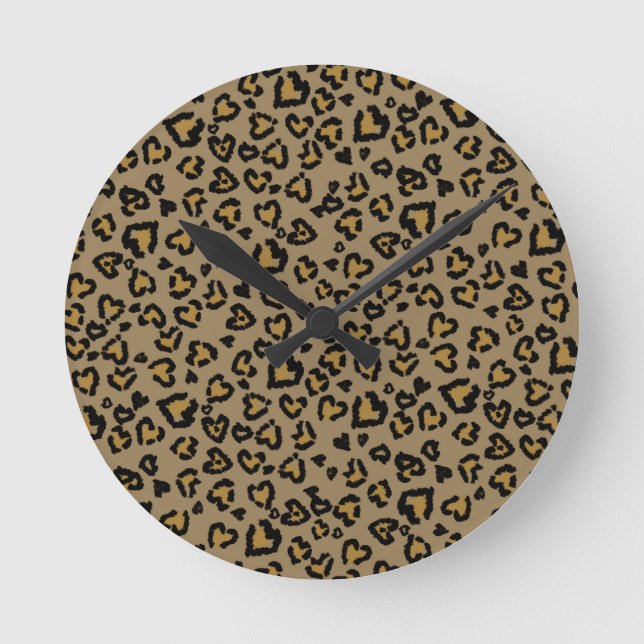 Heart Leopard Pattern in Natural Colours Round Clock (Front)