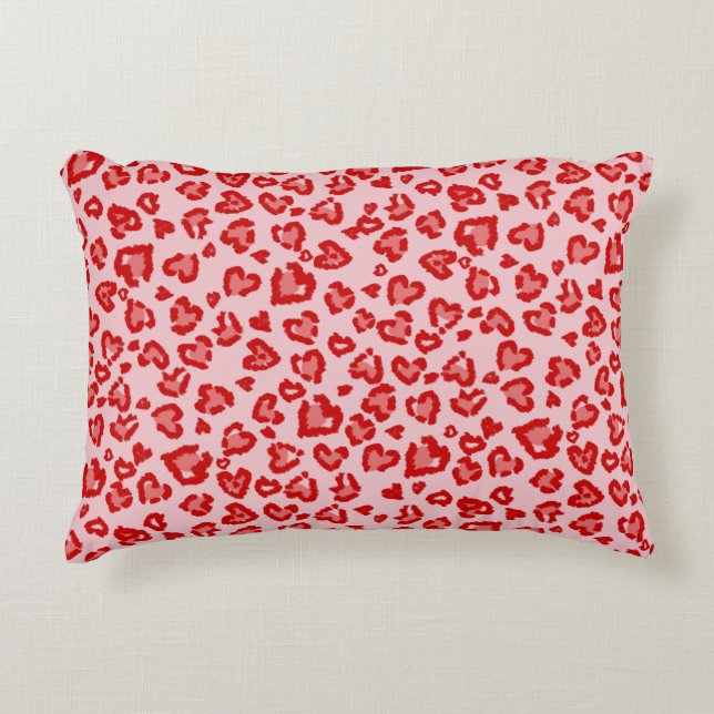 Heart Leopard Pattern in Red on Blush Accent Pillow (Front)