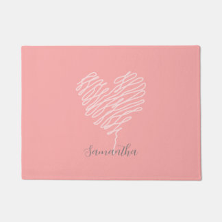 Heart Line Art Modern Minimalist Pink Doormat