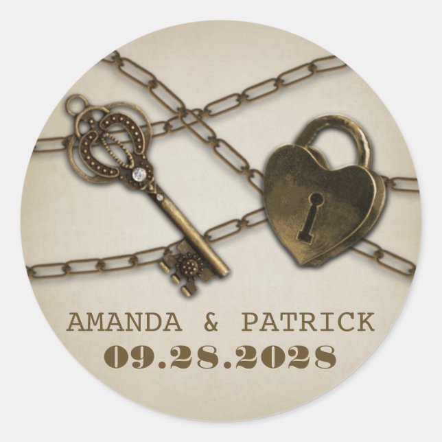 Heart Lock and Skeleton Key Wedding Favour Sticker (Front)