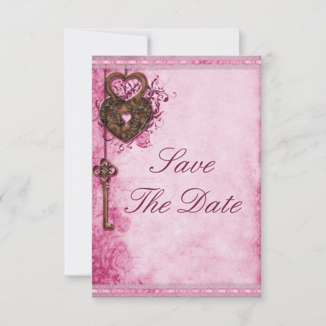Heart Lock & Key Pink Wedding Save The Date (Front)