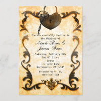Heart Lock & Key Vintage Rustic Wedding Invitation