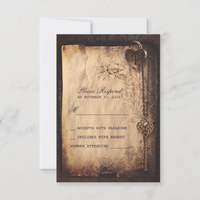 Heart lock & key vintage wedding RSVP cards (Front)
