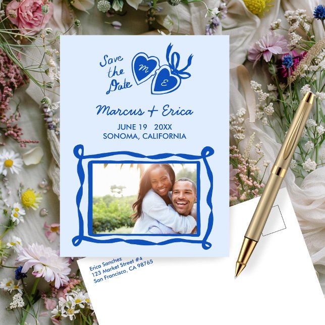 Heart Locket Custom Photo Initials Save the Date  Postcard (Heart Locket Custom Photo Your Initials Save the Date Cute Charming Blue Postcard Wedding 
)