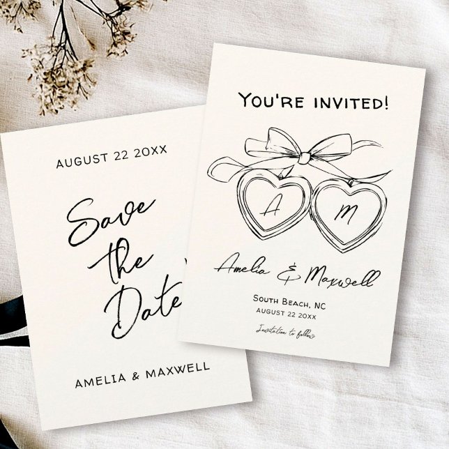 Heart Locket Cute Modern Monogram Bow Wedding Save The Date (Creator Uploaded)