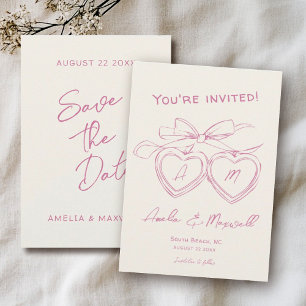 Heart Locket Cute Modern Monogram Pink Bow Wedding Save The Date