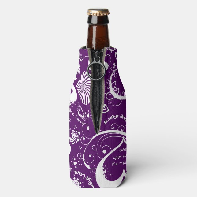 Heart Love Doodles-Purple-White-Bottle Cooler (Bottle Back)