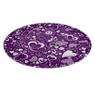 Heart Love Doodles Purple Wht-Round Cutting Board
