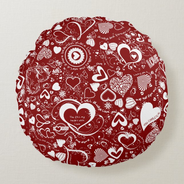 Heart Love Doodles, Red Round Throw Pillow (Front)