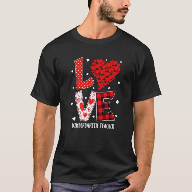 Heart Love Kindergarten Teacher Red Plaid Valentin T-Shirt (Front)