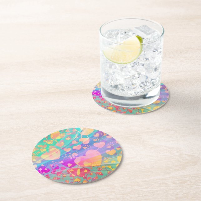 Heart Love Pattern Pastel Design Round Paper Coaster (Insitu)