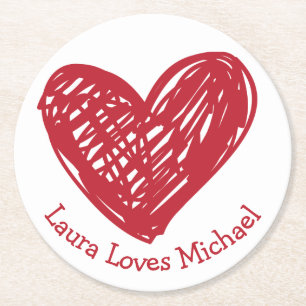 Heart Love Red White Wedding Party Bridal Shower Round Paper Coaster