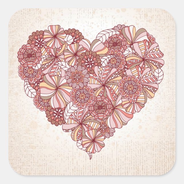 Heart made of hand drawn flowers square sticker (Front)