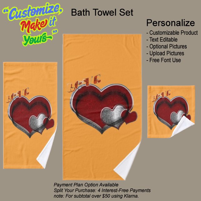 Heart Magic Orange Towel Set (Heart Magic Bathroom Towel Set Featuring a Orange Background.)