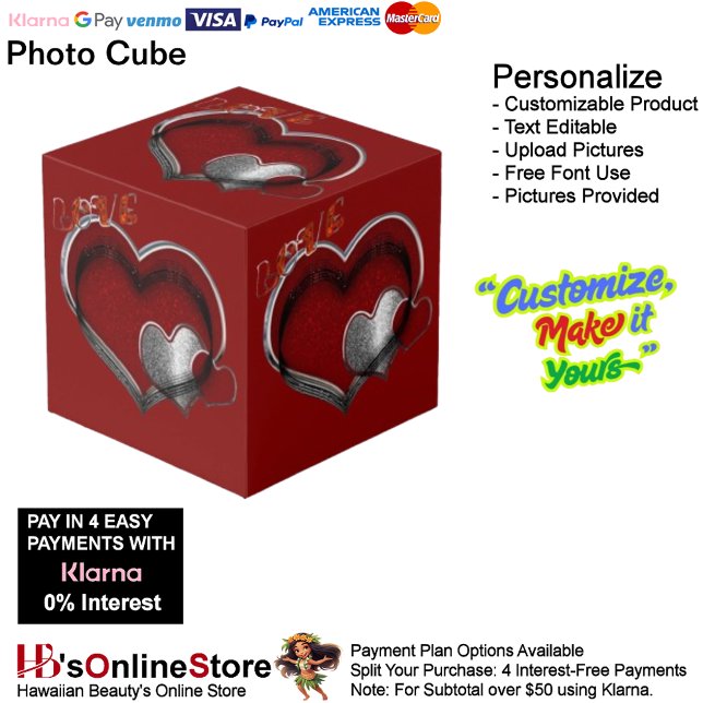 Heart Magic Red Photo Cube  (Love Heart Red Silver with Red Background Cube.)