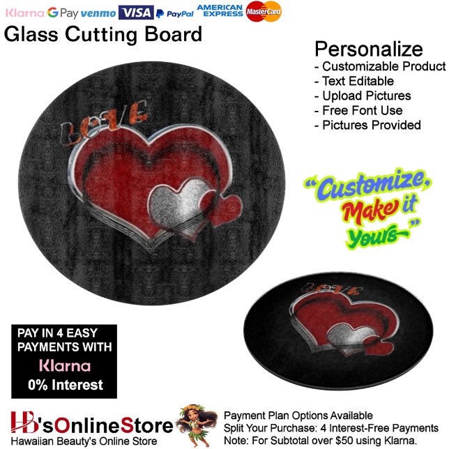 Heart Magic Round Black Glass Cutting Board 30.4cm (Love Heart Black Cooking Kitchen Glass Cutting Board.)