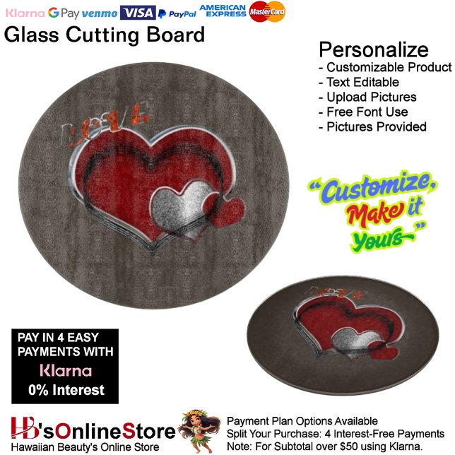 Heart Magic Round Brown Glass Cutting Board 30.4cm (Love Heart Brown Cooking Kitchen Glass Cutting Board.)