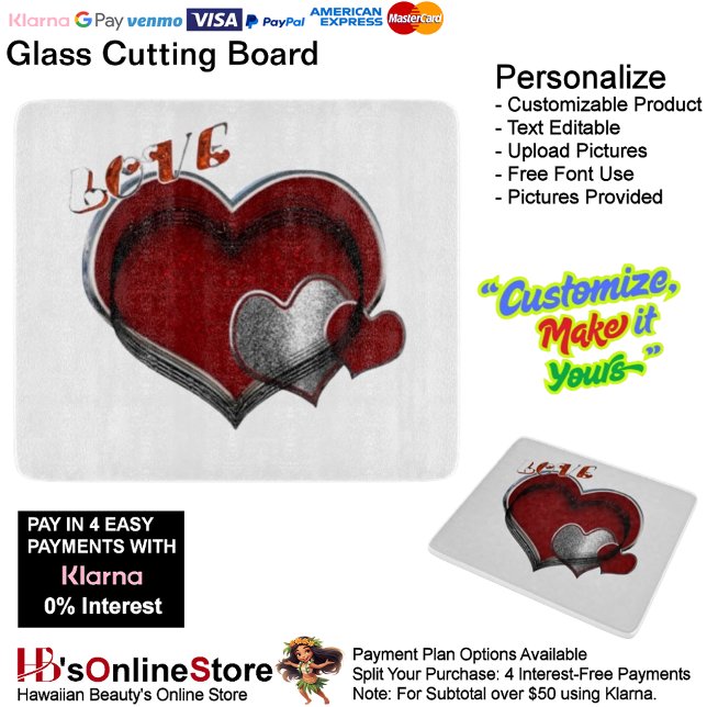 Heart Magic White Glass Cutting Board 15.2x 17.8cm (Love Heart White Kitchen Cooking Glass Cutting Board.)