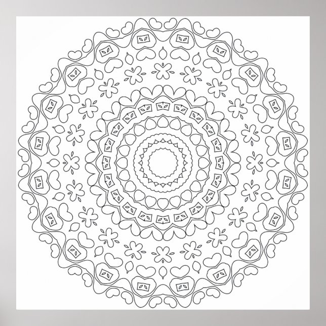 Heart Mandala Colouring Page with Floral Pattern Poster (Front)